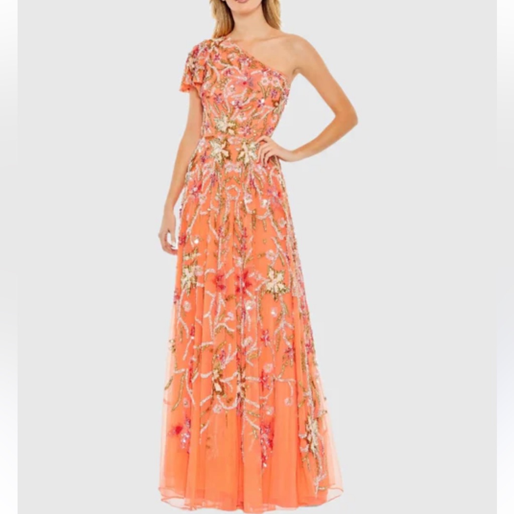Nwt Mac Duggal Sz 2 Elegant Floral Embellished One Shoulder Orange Gown 5617